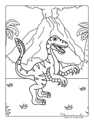 Dinosaur Coloring Pages Easy Cartoon Velociraptor Volcano Scene