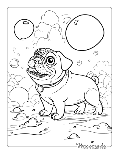 Dog Coloring Pages Pug Playing With Bubbles for Kids