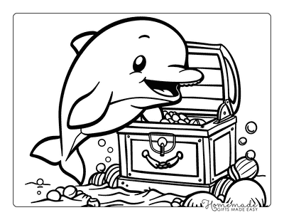 Dolphin Coloring Pages Cartoon Dolphin With Treasure Chest