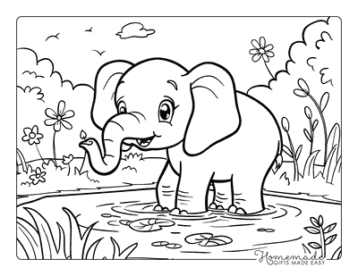 Elephant Coloring Pages Baby Elephant Wading in Watering Hole