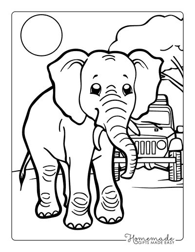 Elephant Coloring Pages Cute Elephant and Jeep