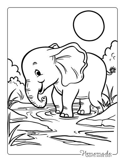 Elephant Coloring Pages Cute Elephant Crossing Stream