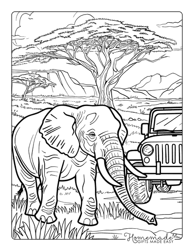 Elephant Coloring Pages Realistic Elephant and Jeep