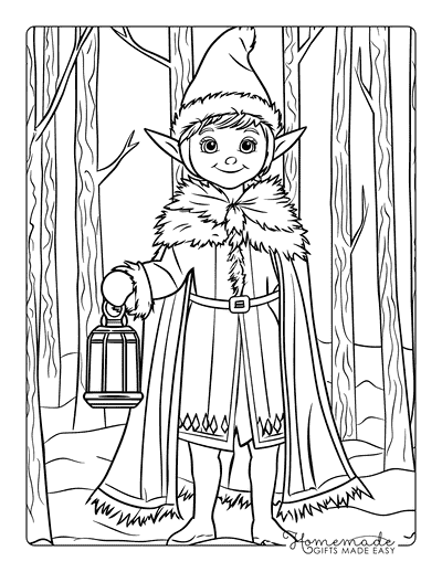 Elf Coloring Pages Elf With Lantern in Forest Adults