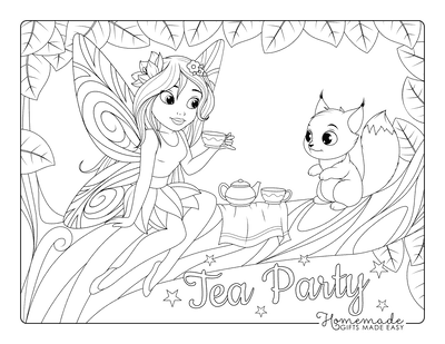 Fairy Coloring Pages Tea Party With Cute Squirrel