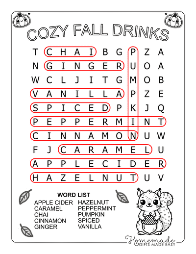 Fall Word Search Drinks Easy Answers