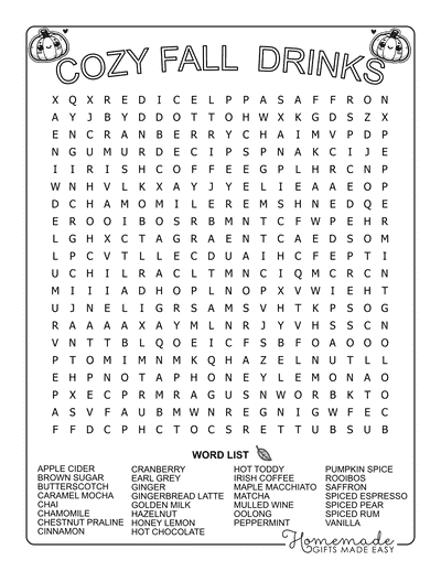 Fall Word Search Drinks Hard