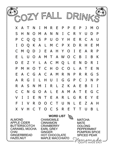 Fall Word Search Drinks Medium