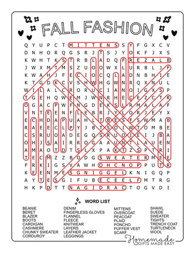 Fall Word Search Fashion Hard Answers