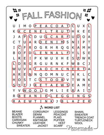 Fall Word Search Fashion Medium Answers