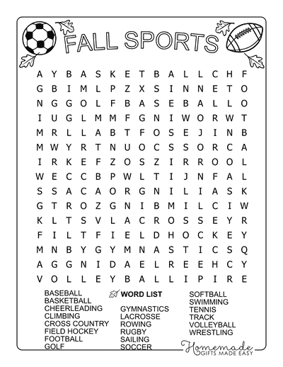 Fall Word Search Sports Medium