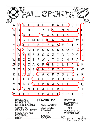 Fall Word Search Sports Medium Answers