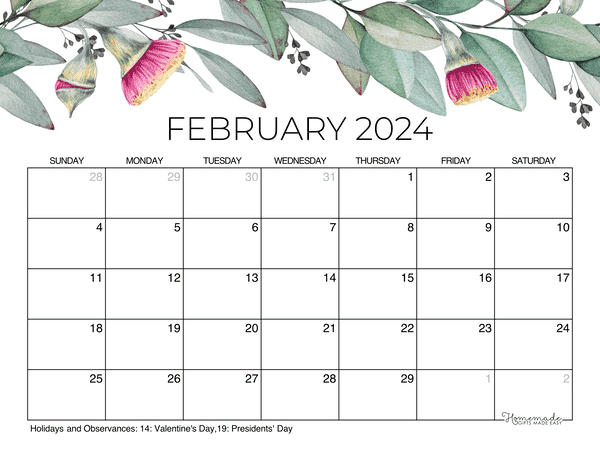February Calendar 2024 Printable Eucalyptus