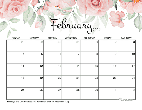 February Calendar 2024 Printable Rose