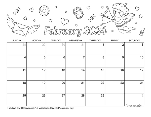 February Calendar 2024 Printable Valentine to Color Landscape