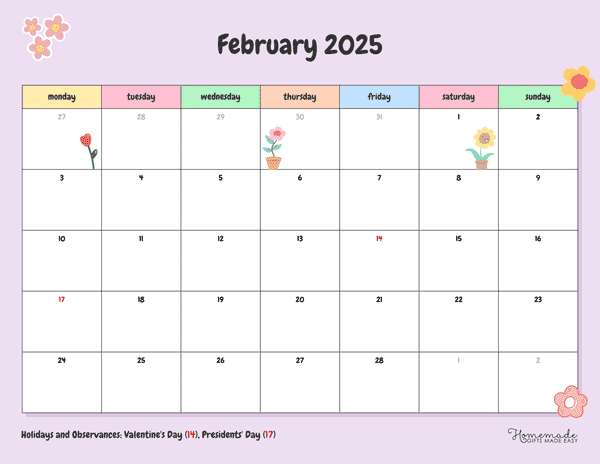 February Calendar 2025 Cute Flowery Pastel Mon Start