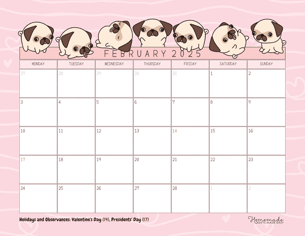 February Calendar 2025 Cute Pink Pug Mon Start