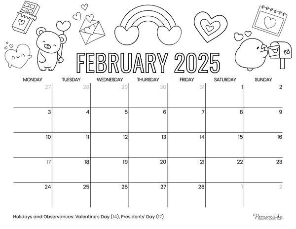 February Calendar 2025 Cute Valentine to Color Mon Start