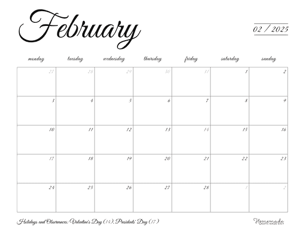 February Calendar 2025 Elegant Minimalism Mon Start