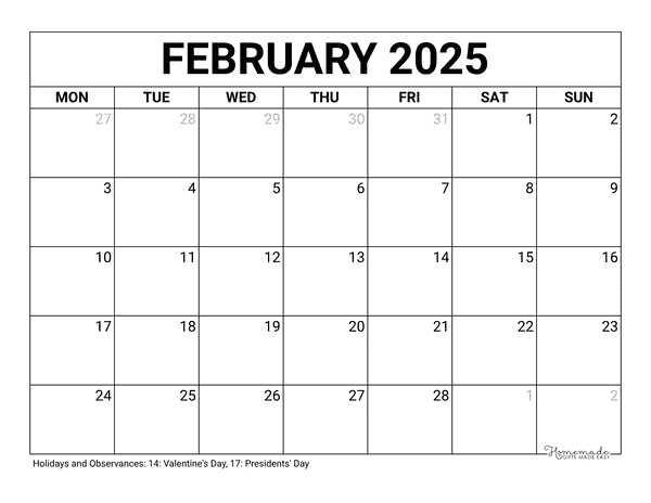 February Calendar 2025 Printable Blank Monday Start