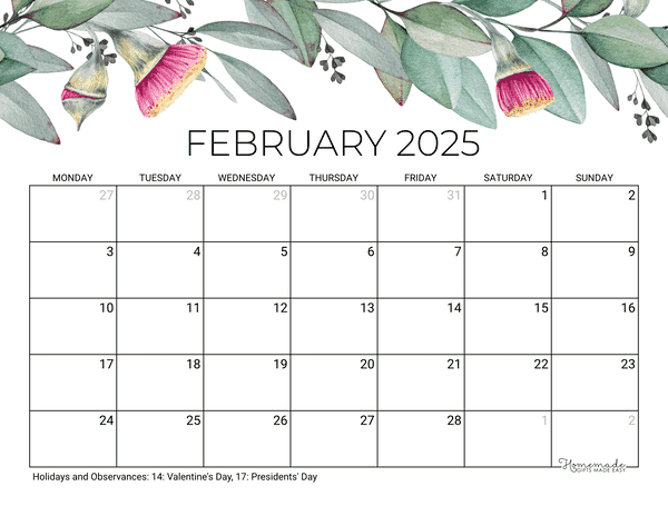 February Calendar 2025 Printable Eucalyptus Monday Start
