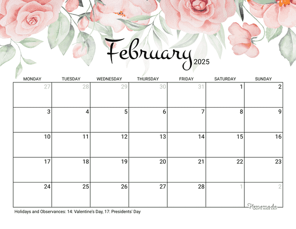 February Calendar 2025 Printable Rose Monday Start