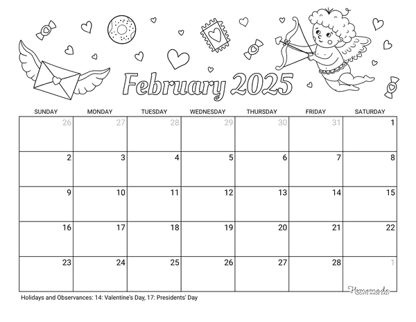 February Calendar 2025 Printable Valentine to Color Landscape