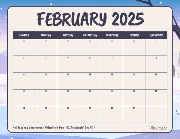 February Calendar 2025 Simple Colorful Winter