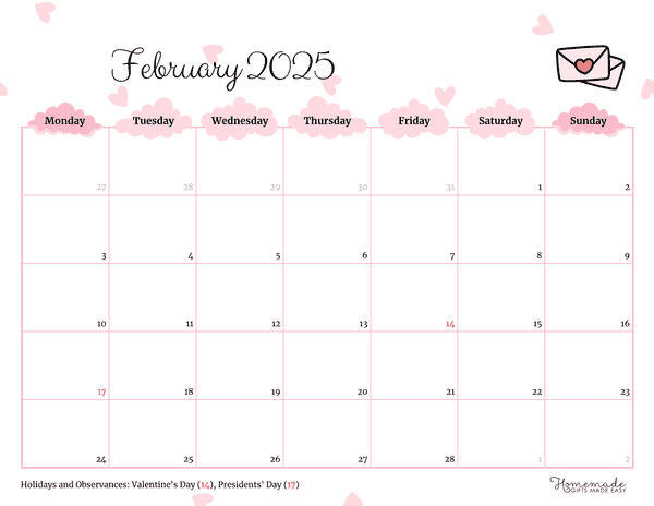 February Calendar 2025 Simple Pink Valentines Mon Start