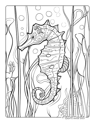 Fish Coloring Pages Realistic Seahorse in Seaweed Adults