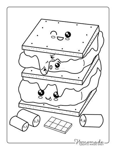 Food Coloring Pages Easy Kawaii Smores Bold Outlines