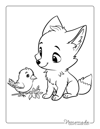 Fox Coloring Pages Baby Fox and Bird