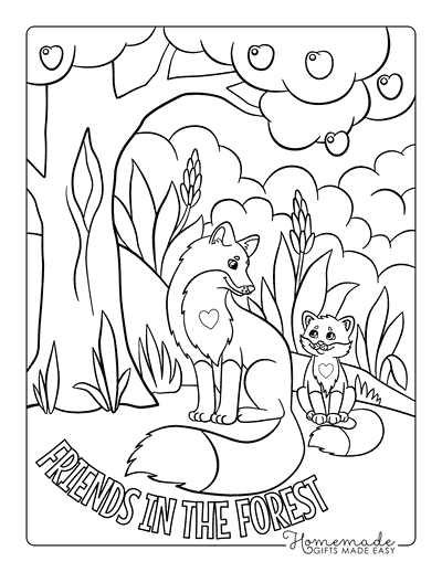 Fox Coloring Pages Cute Fox and Cat in Forest