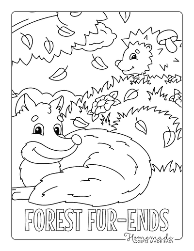 Fox Coloring Pages Cute Fox and Hedgehog in Forest