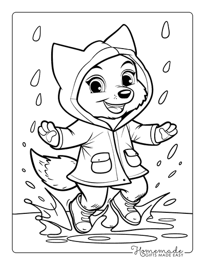 Fox Coloring Pages Cute Fox Wearing Raincoat Splashing in Puddle