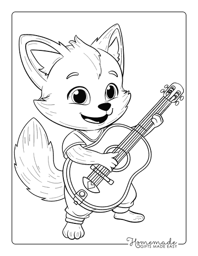 Fox Coloring Pages Kawaii Fox Playing Guitar