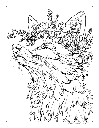 Fox Coloring Pages Realistic Fox Closeup Flower Crown Adults