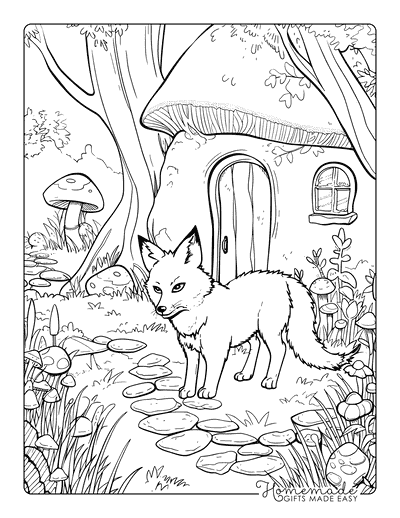 Fox Coloring Pages Realistic Fox Mushroom Cottage Adults