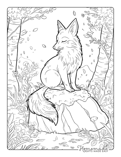 Fox Coloring Pages Realistic Fox Sitting on Rock Adults