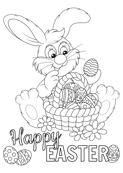 Free Printable Easter Cards to Color Cute Bunny Sitting With Basket of Eggs