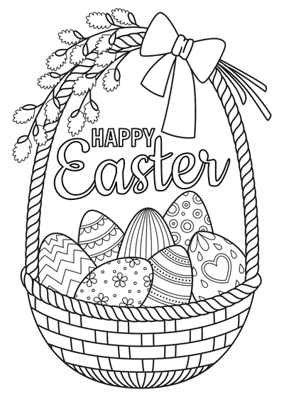 Free Printable Easter Cards to Color Wicker Basket Eggs Bow