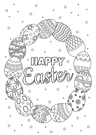 Free Printable Easter Cards to Color Wreath of Patterned Eggs