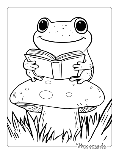 Frog Coloring Pages Cute Frog Reading on Mushroom