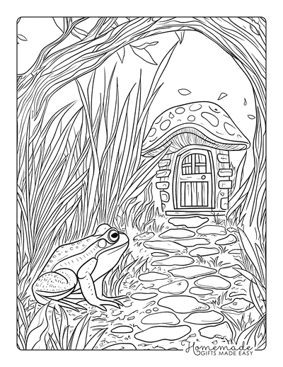 Frog Coloring Pages Realistic Bullfrog and Mushroom Cottage