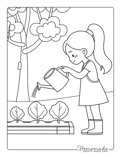 Garden Coloring Pages Little Girl Watering Vegetables Easy