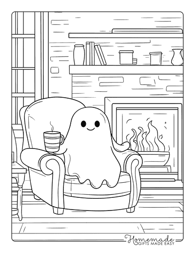 Ghost Coloring Pages Cute Ghost Drinking Hot Cocoa