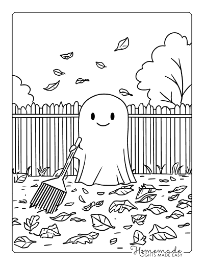 Ghost Coloring Pages Cute Ghost Raking Leaves