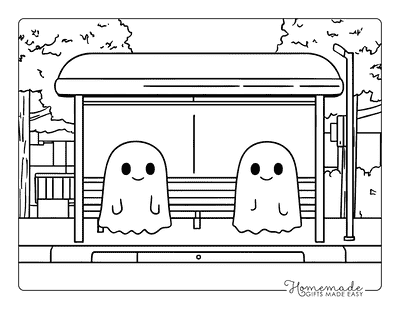 Ghost Coloring Pages Cute Ghosts at a Bus Stop