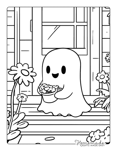 Ghost Coloring Pages Cute Ghosts Gathering Flowers