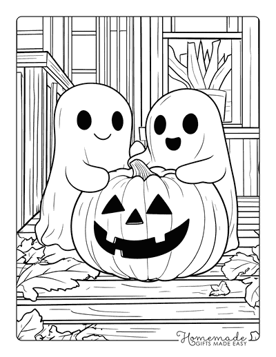 Ghost Coloring Pages Cute Ghosts With Carved Pumpkin